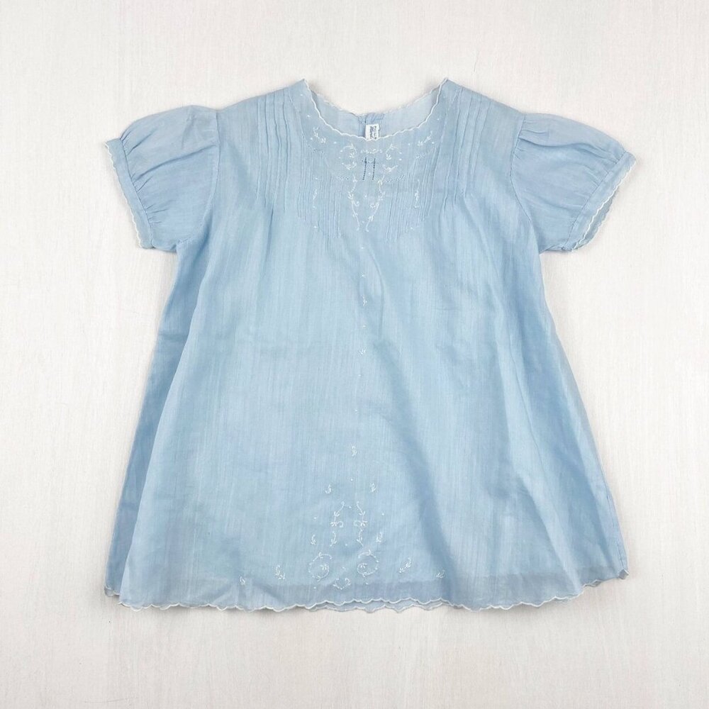 •Vintage• 1950s Embroidered Scalloped Edge Dress and Slip in Blue